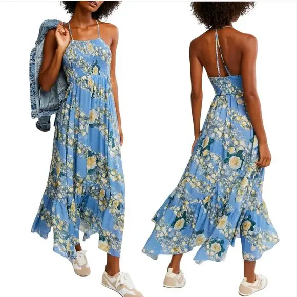 NWT Free People Heat Wave Floral Print Maxi Dress Small Blue - Picture 2 of 9